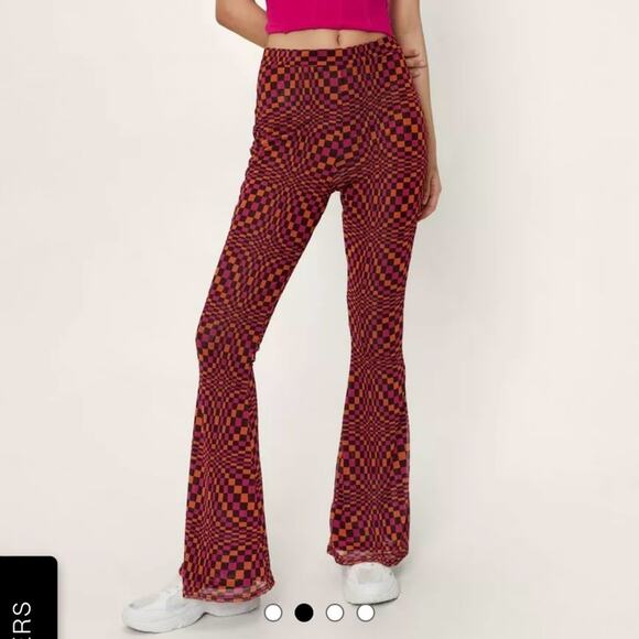 NWT Nasty Gal Abstract Checked Print Mesh Flare Pants - Picture 2 of 7